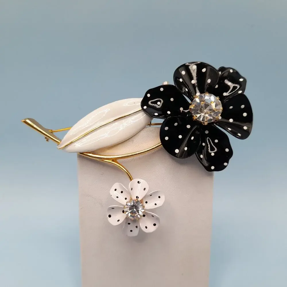 Vintage Avon Black White Dot Large Flower Brooch, 2002